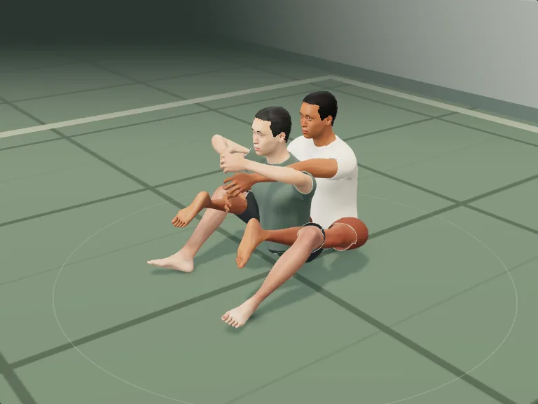 Back position: two figures, the partner behind the athlete with both hooks in, rendered frame from the atlas.