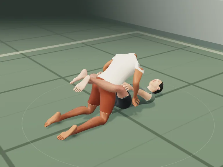 Closed guard: two figures, the partner inside the athlete's closed legs, rendered frame from the atlas.