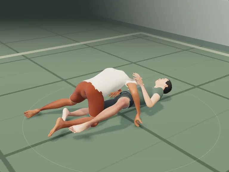 Half guard: two figures, one of the partner's legs trapped between the athlete's, rendered frame from the atlas.