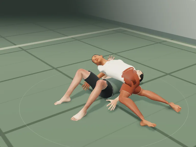 Side control: two figures, the partner chest down across the athlete on the back, rendered frame from the atlas.